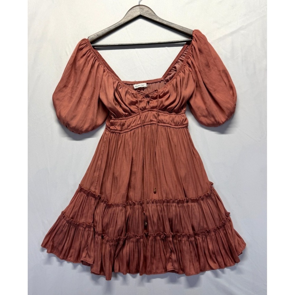 Mustard Seed Fit & Flare Dress Women's Small Brown Pleated Tiered Puff Sleeve